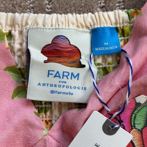 Farm Rio x Anthropologie V-Neck Puff-Sleeve Linen Romper Women's M Pink Tropical - Picture 6 of 10